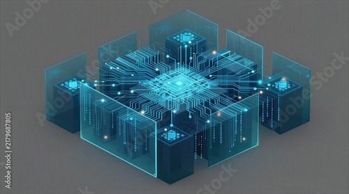 Digital circuit board design on gray background with glowing elements and matrix-like patterns
