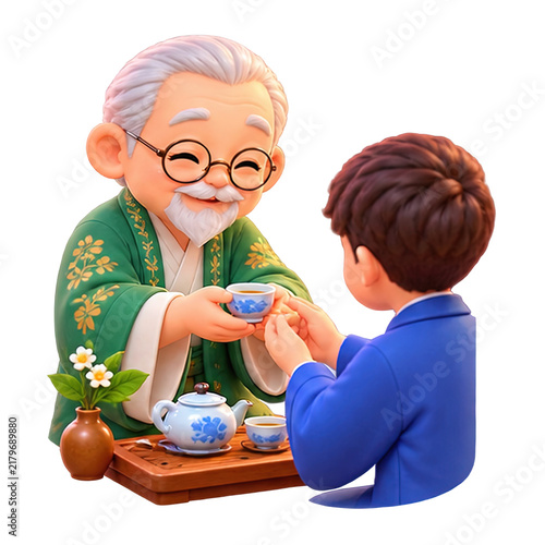 Elderly man in traditional robe shares tea with young boy in modern suit