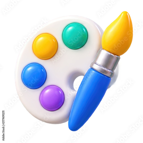 Colorful art palette with a blue handled paintbrush and vibrant paints