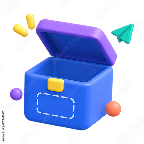 Open blue 3D box with purple lid and playful elements floating around