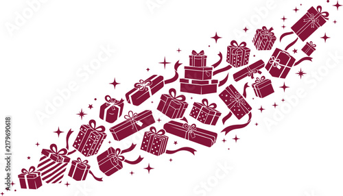Numerous red gift boxes arranged in a winding path with sparkling star accents
