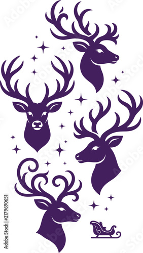 Stylized illustration of deer heads with floral and grunge elements in purple tones
