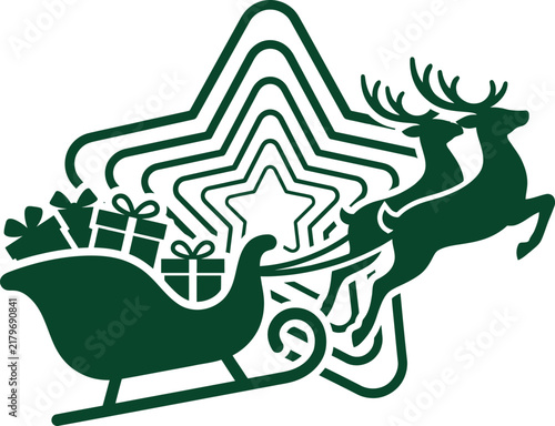 Festive illustration of a reindeer pulling a sleigh with a Christmas tree silhouette