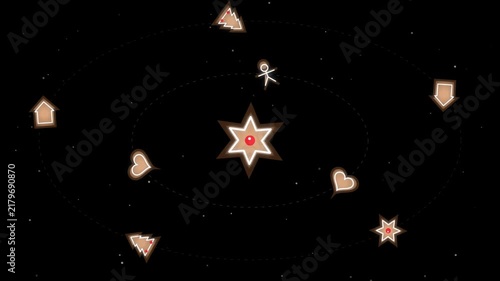 Gingerbread solar system with cookie planets orbiting a glowing central star on black background