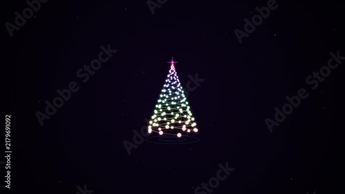 Glowing neon rainbow Christmas tree animation with sparkling light particles on dark background