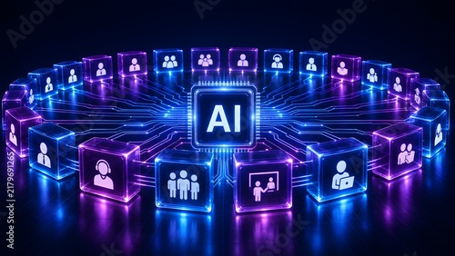 AI Artificial Intelligence chip connected to diverse human icons in a futuristic glowing digital network