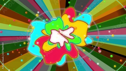 Retro psychedelic animation of morphing colorful shapes with vibrant radiating sunburst lines