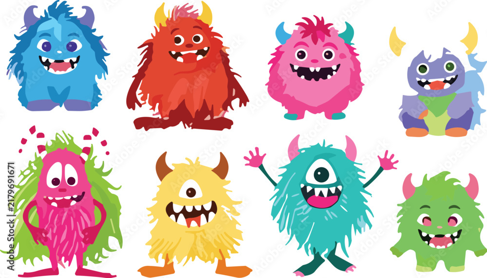Naklejka premium Cute and Colorful Fluffy Monster Cartoon Character Vector Set Featuring Friendly Alien Creatures and Beasts for Children Graphic Layout Designs