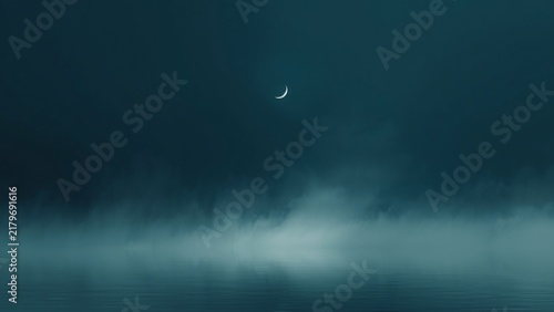 Mystic Crescent Moon Over Foggy Lake Waters