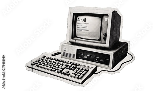 Vintage Retro Computer with Keyboard and CRT Monitor