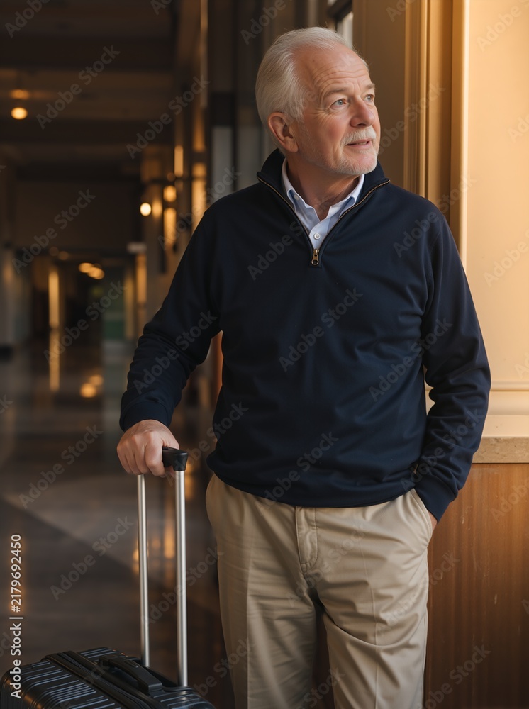 Fototapeta premium Senior man with suitcase standing in a hotel lobby. Mature Caucasian male traveler waiting in an airport corridor. Active retirement and travel concept