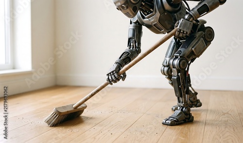 Mechanical Robot Sweeping Dust on Wooden Floor with Brush Close Up