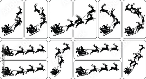 A collection of black silhouettes featuring santa claus in various poses with presents and reindeer sleighs for christmas