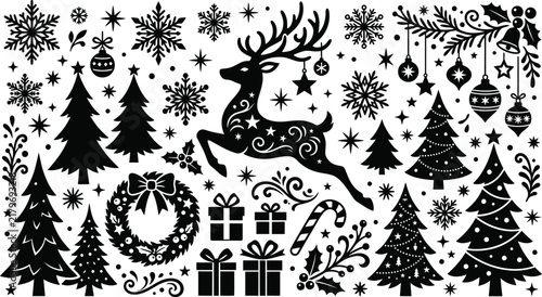 Set of black silhouettes showing families and individuals decorating christmas trees for the winter holiday season isolated on white