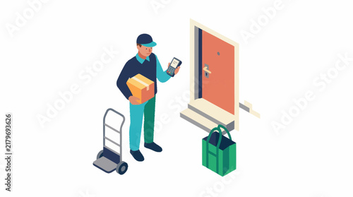 Delivery person checking smartphone at doorstep with packages.