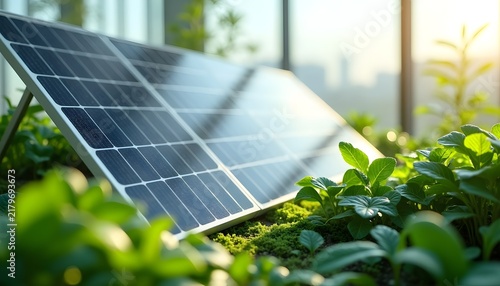 Photovoltaic solar panels installed on rooftop garden with green plants for sustainable building energy generation power solutions.