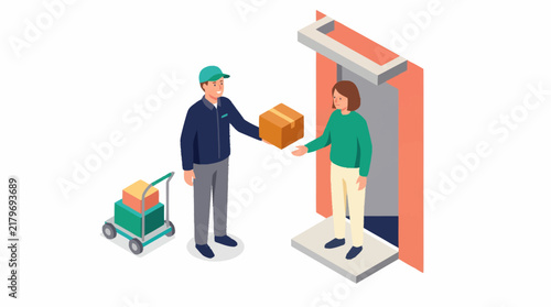 Delivery person handing package to customer at doorstep.