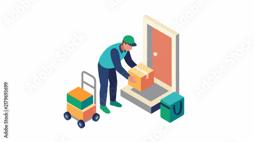 Delivery worker unloading packages at front door.