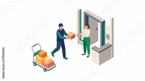 Delivery person handing package to customer at doorstep.