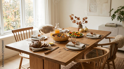 Warm Scandinavian dining room prepared for a cozy autumn meal with natural light.