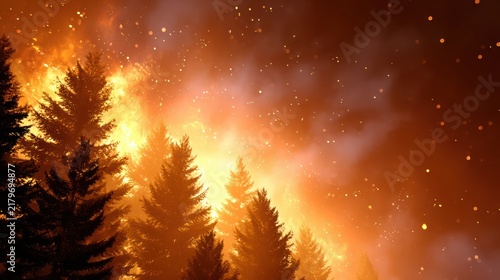 Intense wildfire engulfs a dense forest at night, with flames and embers illuminating the trees and sky.
