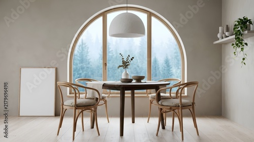 Modern dining room interior with arched window and forest view, minimalist home decor.