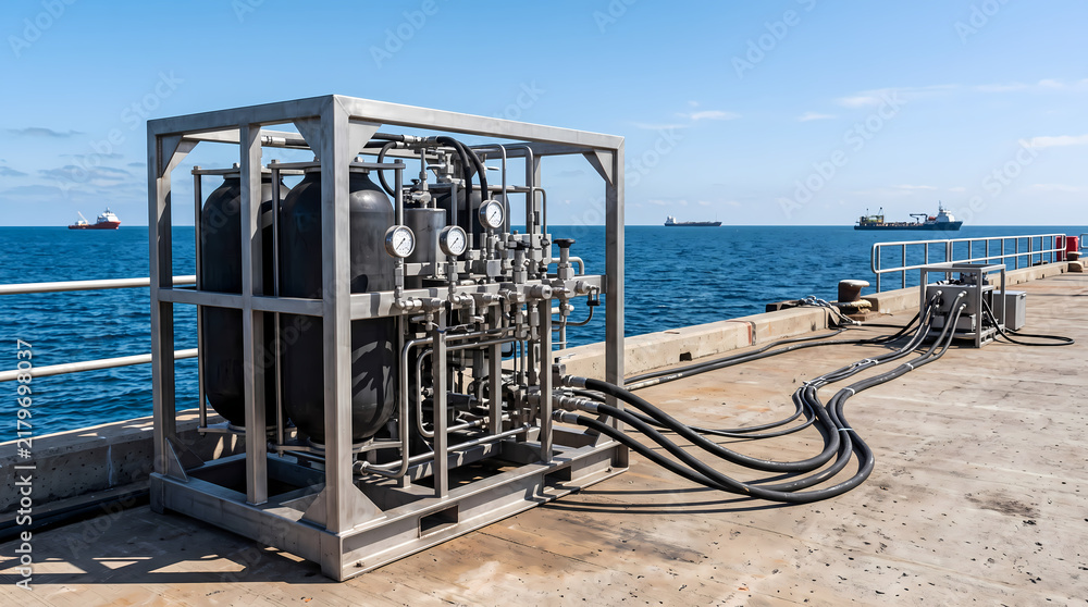 Obraz premium Hydraulic accumulator skid on marine quay for offshore oil operations