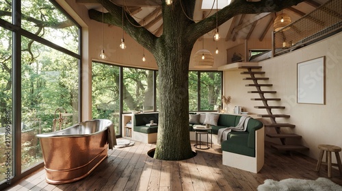 Luxury treehouse interior with copper bathtub and living tree in modern forest cabin