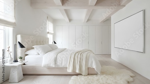 Modern minimalist bedroom interior with white bedding and cozy textures in bright room