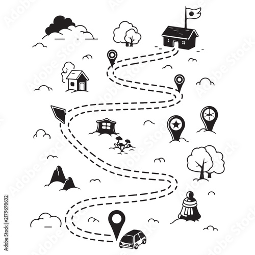 Black and white doodle map vector with winding dashed road car houses trees and location markers for road trip navigation