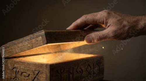 Hands Lifting Lid of Vintage Wooden Chest Revealing Warm Inner Glow