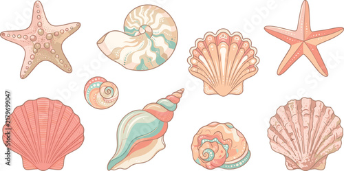 Pastel Hand Drawn Sea Shells Starfish and Nautical Marine Life Illustration Set