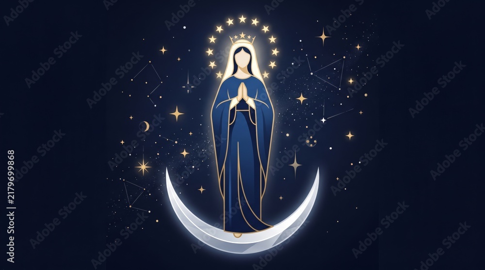 Fototapeta premium Virgin Mary standing on crescent moon surrounded by stars in night sky. Blessed mother in prayer with halo and crown