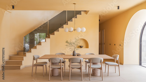 Spacious modern dining room interior with staircase and warm yellow walls interior staircase