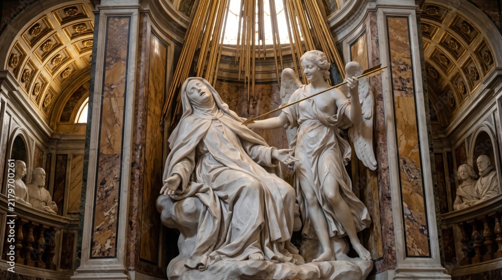 Fototapeta premium Marble baroque sculpture of angel with golden arrow and praying nun in ornate church interior. Religious art and mystical spirituality