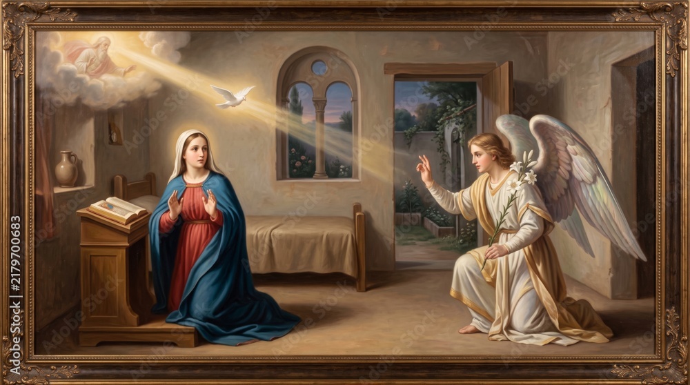 Fototapeta premium Annunciation scene with angel Gabriel appearing to virgin Mary kneeling in prayer. Classic religious oil painting in vintage frame with dove and divine