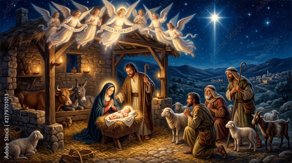 Fototapeta premium Christian nativity scene with baby Jesus in manger, Mary and Joseph, shepherds and angels above stable under bright star of