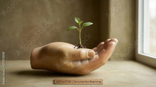 Hand Shaped Ceramic Planter Holding Sprouting Plant on Sunlit Windowsill