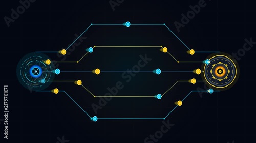 Futuristic digital circuit connection network graphic with glowing data nodes and cyber elements