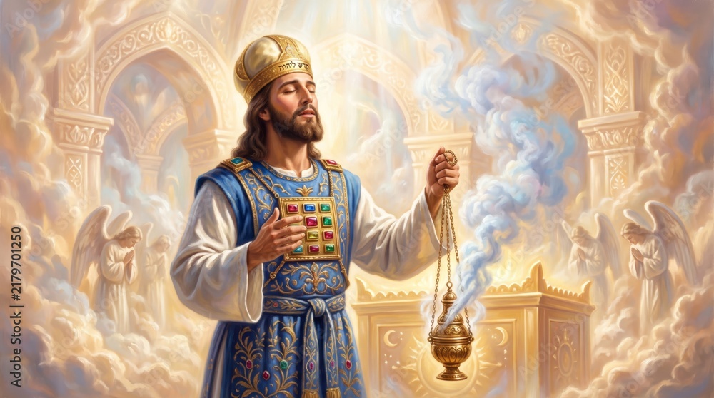 Fototapeta premium High priest in sacred vestments with breastplate holding golden censer with incense smoke in heavenly temple. Biblical priest praying among angels and
