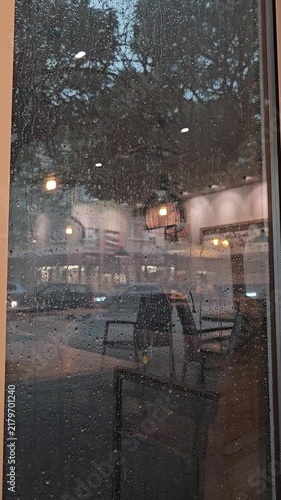 Heavy Rain and Severe Storm Seen Through Cafe Window