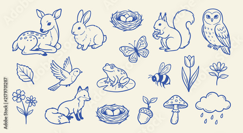 Doodle collection of handdrawn forest nature elements, woodland animals, birds, flowers, and insects, vector doodle illustration