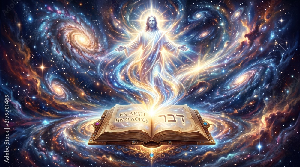 Fototapeta premium Radiant figure of Jesus Christ emerging from open holy bible in cosmic universe with glowing galaxies and stars. Divine light and spiritual creation