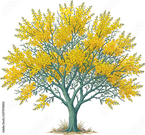Blooming yellow flowering tree vector illustration isolated on white background with branches