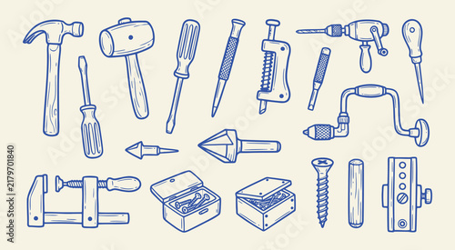 Doodle collection of various hand tools for construction and repair, including hammers, screwdrivers, clamps, and fasteners, handdrawn vector illustration