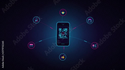 Smartphone with connected neon icons representing mobile applications and digital technology