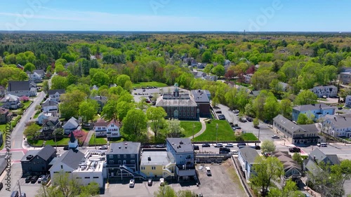 North Easton Grammar School building aerial view at 115 Main Street in village of North Easton, town of Easton, Bristol County, Massachusetts MA, USA. 