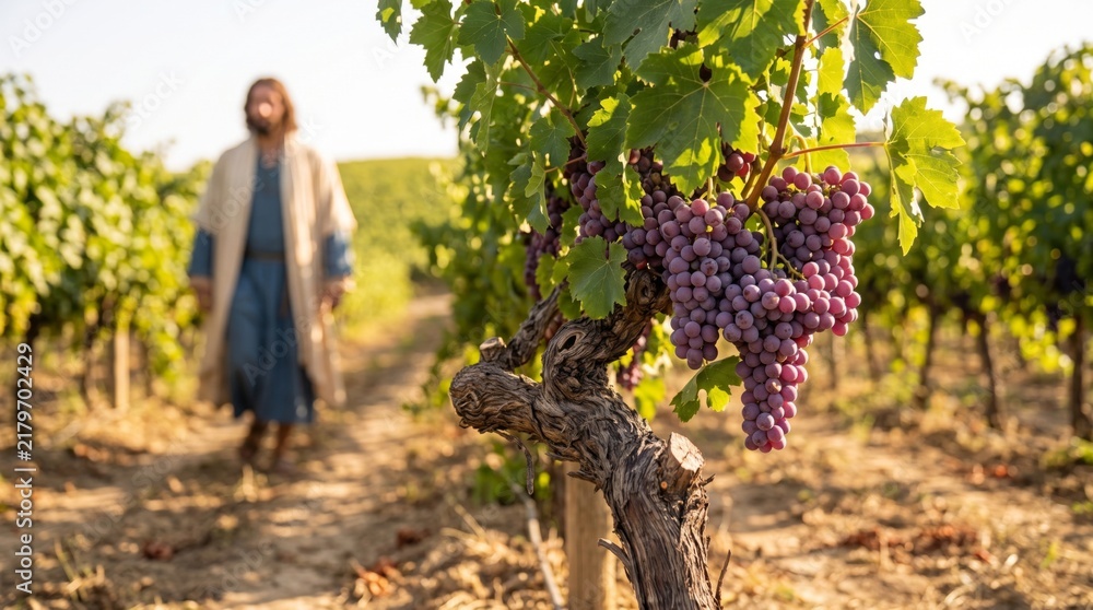 Obraz premium Man walking in vineyard among rows of grapevines with ripe purple grape clusters on old vine in foreground. Biblical figure in robes in sunlight. Concept of harvest, faith and