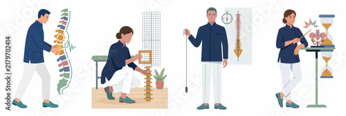 Flat vector illustrations of professional chiropractors and physiotherapists examining human spine and skeletal models for medical diagnosis and orthopedic treatment.