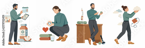 Flat illustration set of people engaged in healthcare, wellness, and medical consultation activities for healthy lifestyle concepts.